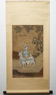 Chinese Scroll Painting of Mulan, Inks on Silk