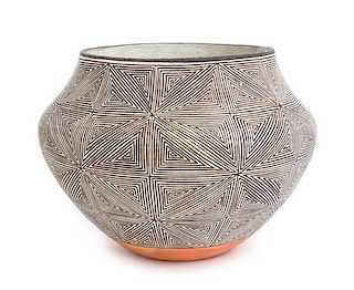 A Lucy Martin Lewis (Acoma, 1898-1992), Black and white Fine Line Jar Height 5 1/2 x diameter 7 1/2 inches