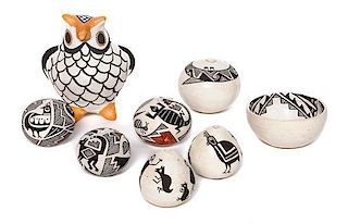Barbara and Joe Cerno (b. 1951/ 1947, Acoma), Eight Miniature Pottery Articles Height of owl 3 inches