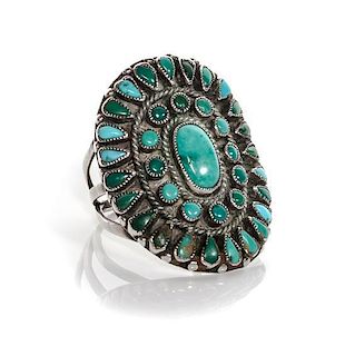 A Zuni Silver and Turquoise Cluster Ring Height 1 3/8 inches
