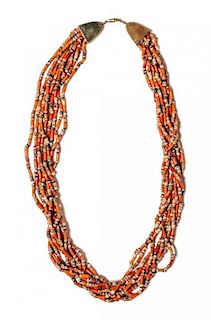 A Navajo 14 Karat Yellow Gold, Coral and Heishi Multi-Strand Necklace, Yazzie Johnson (b. 1946) and Gail Bird (b. 1949). Leng
