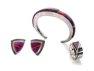 A San Felipe Silver, Sugilite and Coral Three Piece Suite, Richard Chavez (b. 1949) Length of bracelet 5 3/8 x opening 1 x wi