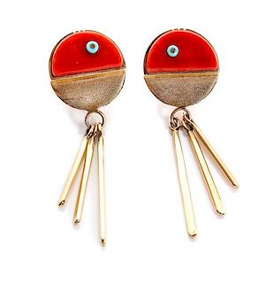 A Pair of San Felipe Gold and Coral Ear Clips, Richard Chavez (b. 1949) Length 2 inches