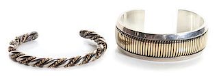 A Navajo Silver and 14 Karat Gold Bracelet, Leonard Schmallie (1952-2006) Length of first 5 1/2 x opening 7/8 x width 3/4 inc