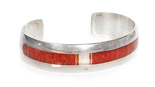A Navajo Silver, Coral and Opal Inlay Cuff Bracelet, Veronica Benally Length 5 1/8 x opening 1 1/8 x width 1/2.