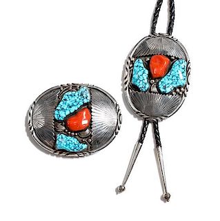 A Navajo Silver, Turquoise and Coral Buckle and Bolo Set Height of buckle 2 7/8 x width 3 3/4 inches.