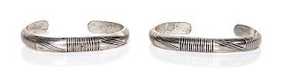 Two Navajo Silver Tooled Guard Bracelets Length 5 1/8 x opening 1 x width 3/8 inches.