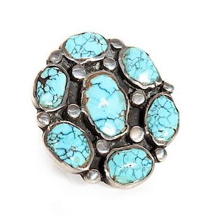 A Navajo Fine Turquoise Cluster Ring Length 1 3/8 inches.