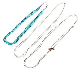 Three Southwestern Turquoise and Shell Heishi Necklaces Length of longest 29 inches.