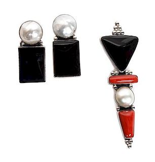 A Kewa Silver, Onyx, Coral and Pearl Pendant and Earring Set, Sam Lovato (1935-1999) Height of the pendant 3 1/2 inches.