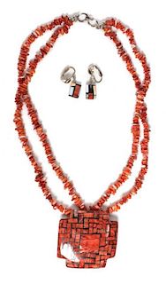 A Kewa Spiny Oyster Shell Pendant Necklace and Matching Earrings, Attributed to Charlene and Frank Reano Length of necklace 1