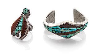 A Southwestern Style Silver, Turquoise and Wood Cuff Bracelet and Matching Ring, Michael Durkee Length of bracelet 5 x openin