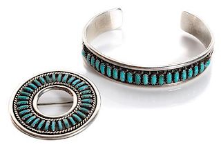 Two Southwestern Silver and Turquoise Jewelry Articles Length of bracelet 5 1/4 x opening 1 1/8 x width 3/8 inches.