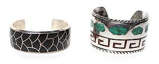 Two Southwestern Flush Inlay Bracelets Length of first 5 x opening 1/8 x width 7/8 inches.