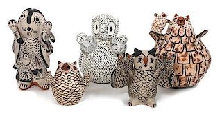 Five Pueblo Pottery Owls Height of tallest 6 1/2 x length 3 1/2 x depth 4 inches.