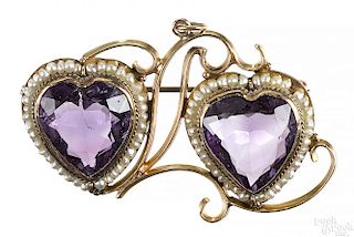 14K yellow gold and heart shaped amethyst pin