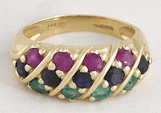 14K yellow gold, ruby, sapphire, and emerald ring