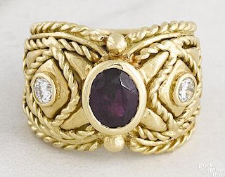 18K yellow gold, ruby, and diamond ring
