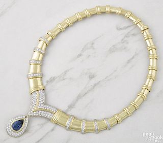 18K yellow gold, diamond, and sapphire necklace
