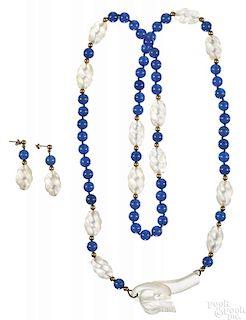 Carved crystal and lapis lazuli beaded necklace