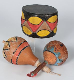 Pueblo Drum and Gourd Rattles, From an American Museum
