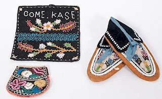 Great Lakes Beaded Hide Moccasins, Purse, and Wall Pocket