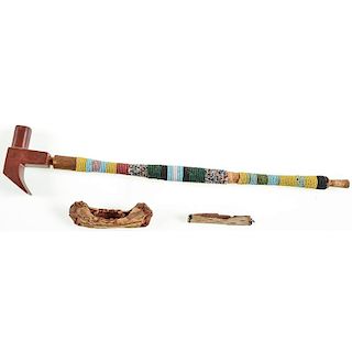 Plains Beaded Pipe Stem with Hammer-shaped Catlinite Bowl, PLUS