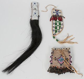 Sioux Beaded Hide Knife Sheath, Hair Drop, and Pouch, From an American Museum