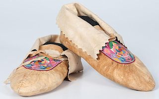 Cree Smoke-Tanned Embroidered Hide Moccasins