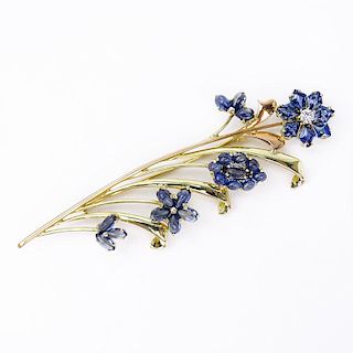Retro Tiffany & Co Approx. 6.0 Carat Cabochon Sapphire, Diamond and Two Tone 14 Karat Gold Flower Brooch.