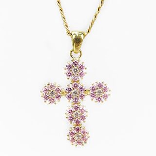 18 Karat Yellow Gold, Pink Gemstone and Diamond Cross Pendant Necklace.