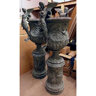 Pair of Monumental-Size  Neoclassical Style Bronze Urns.