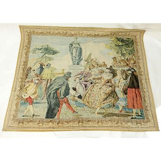 Large French "Tiepolo Masquerade" Wall Hanging Tapestry by D'art de Rambouillet. Label affixed en verso.