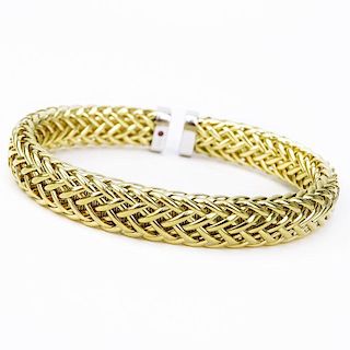 Roberto Coin 18 Karat Yellow Gold Primavera Woven Flexible Cuff Bracelet with Pave Set Diamond Accents.