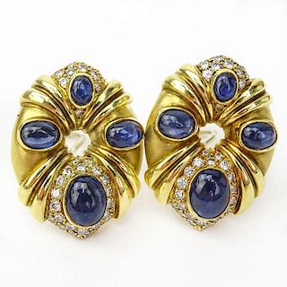 Vintage Approx. 9.0 Carat Cabochon Sapphire, 1.50 Carat Pave Set Diamond and 18 Karat Yellow Gold Earrings.