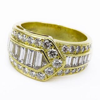 Vintage Approx. 1.95 Carat Baguette and Round Brilliant Cut Diamond and 18 Karat Yellow Gold Band.