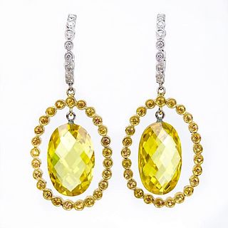 Approx. 28.69 Carat Citrine, 1.43 Carat Yellow Sapphire, .43 Carat Diamond and 14 Karat Yellow and White Gold Pendant Earring