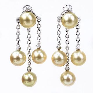 Golden Pearl, Approx. .44 Carat Diamond and 18 Karat White Gold Chandelier Earrings.