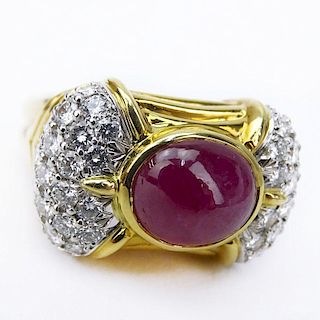 Vintage Approx. 3.50 Carat Cabochon Ruby, 2.10 carat Pave Set Diamond and 18 Karat Yellow Gold Ring.