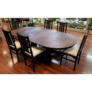 Early to Mid 20th Century L & J.G. Stickley Style Quarter Sawn Oak Dining Table with 6 Chairs.