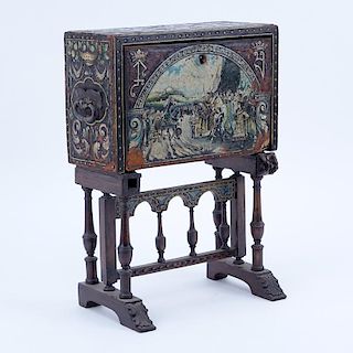 Antique Spanish Miniature Vargeno Desk. Hand Carved Hand Painted.
