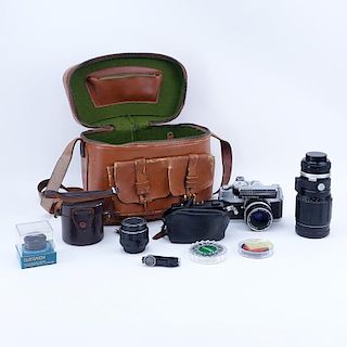 Grouping of Nikon Nikkorex F and Konica C35 Film Cameras with Extras in Leather Carrying Bag.