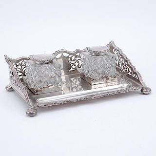 Antique English Silver and Crystal Inkstand. Signed with English Hallmarks Birmingham 1916.
