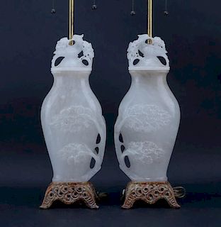 Pair Marbro Chinese Style Carved Alabaster Lamps.
