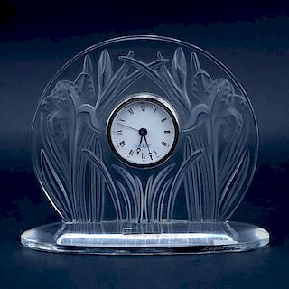 Lalique Iris Crystal Clock. Signed lower and has original sticker labels.