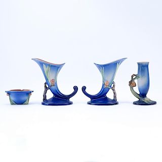 Four Pieces Roseville Blue Pine Cone Pottery Table Wares.
