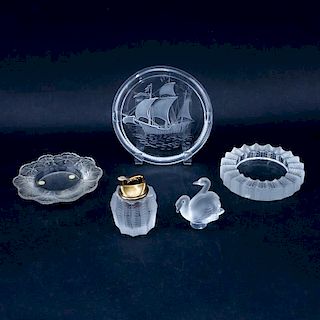 Lot of Five (5) Lalique Crystal Tabletop Items. Includes: 2 pc "Jamaique" smoking set, "Duex Cygne" paperweight, "Hornfleur" 