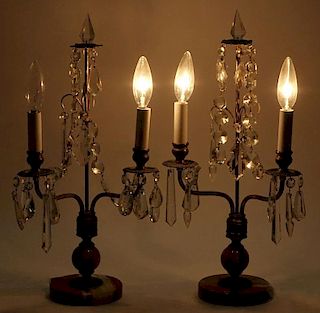 Pair of Art Deco Onyx and French Metal Candelabra Lamps with Hanging Prism.
