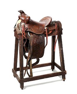 A Tooled Brown Leather Western Saddle Seat 13 1/4 inches.