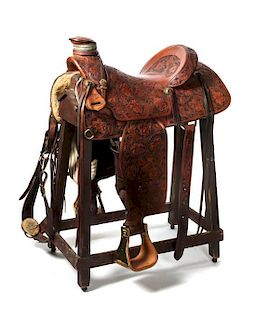 A Tooled Brown Leather Western Saddle Seat 15 3/4 inches.